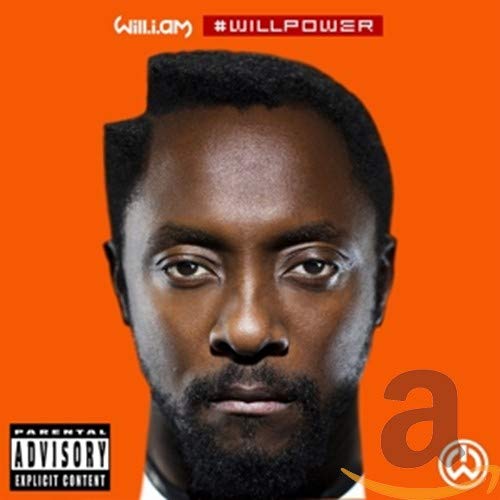Close-up of will.i.am's face on an orange album cover with text and logos.
