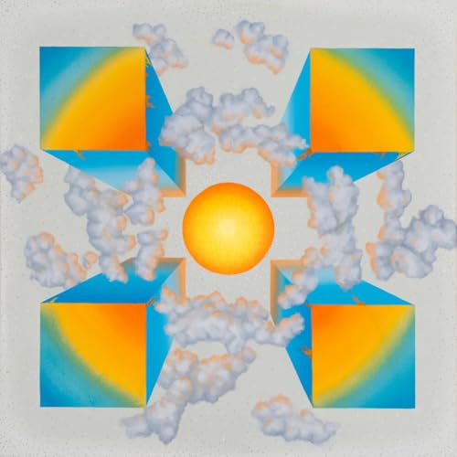 Abstract square design with orange, blue, white clouds, and a central sun.