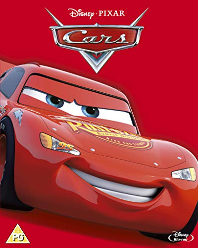 Red race car Lightning McQueen on the cover of the "Cars" Blu-ray.