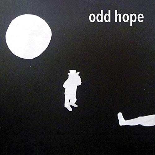 Black background with white cut-out shapes of a moon, person, and leg.
