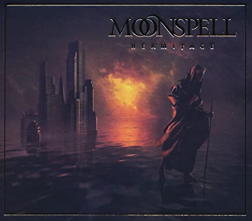 Moonspell album cover: hooded figure before a fiery, ruined city.