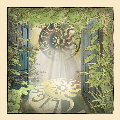 An open doorway framed by foliage reveals a glowing sun emblem on the floor.