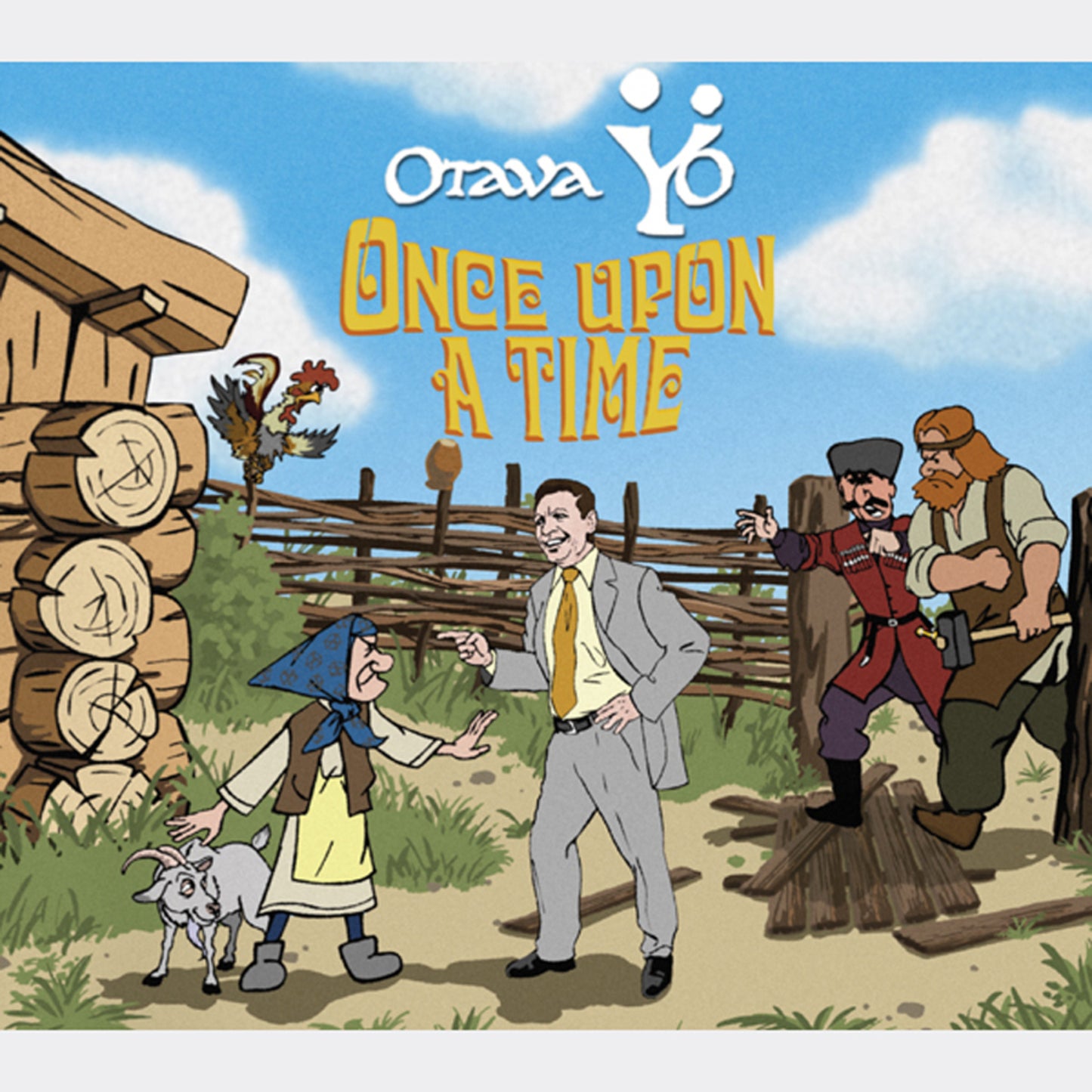 Cartoon album cover featuring people, animals, and a rustic landscape.