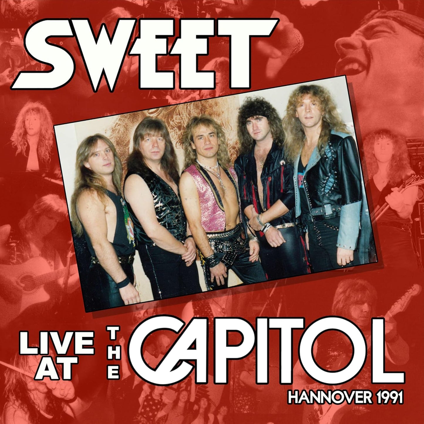 Album cover for Sweet’s “Live At The Capitol” featuring four musicians.