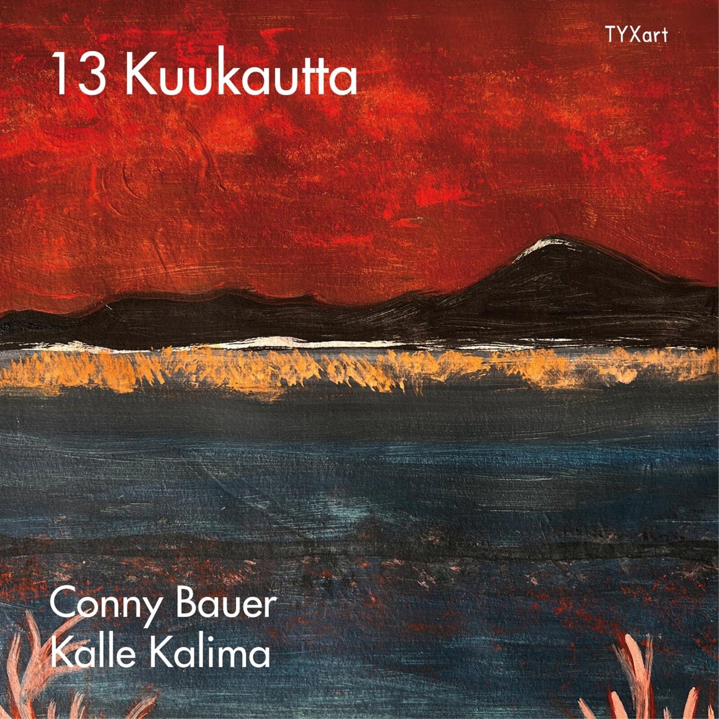 CD cover: Abstract red and blue landscape painting, "13 Kuukautta".