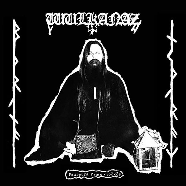 Black and white album cover featuring a bearded man and runic symbols.