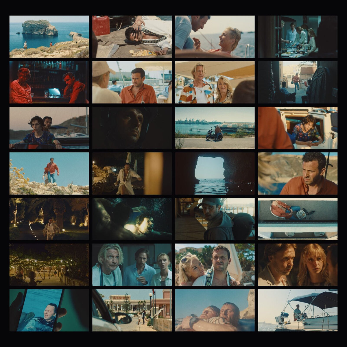 GridLattice of 28 cinematic film stills featuring various people in coastal and urban settings.