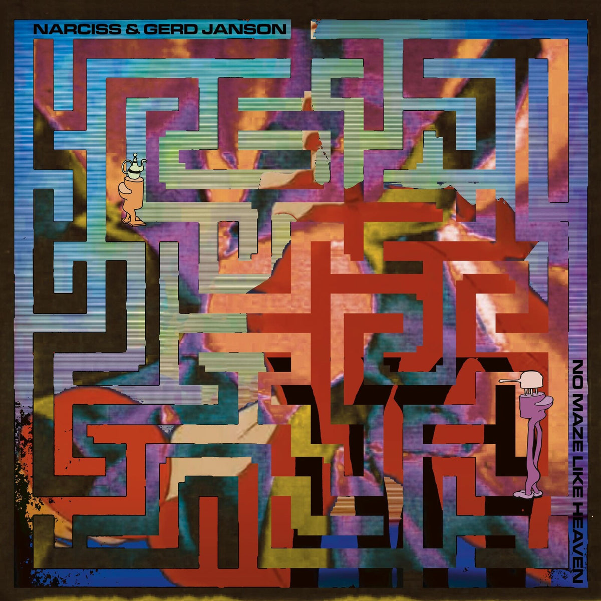 Album cover with a colorful maze, cartoon figures, and text.