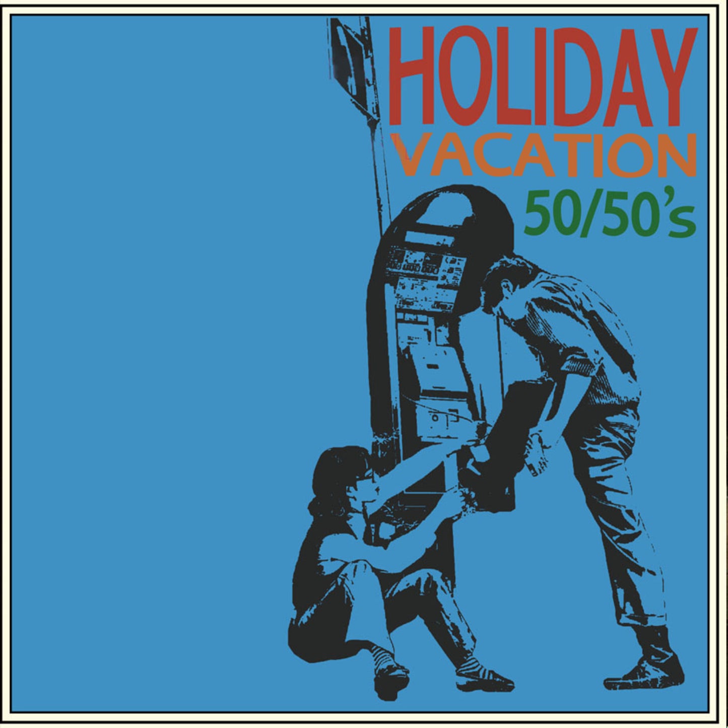 Blue and white vinyl record cover depicting children and a vintage arcade game.