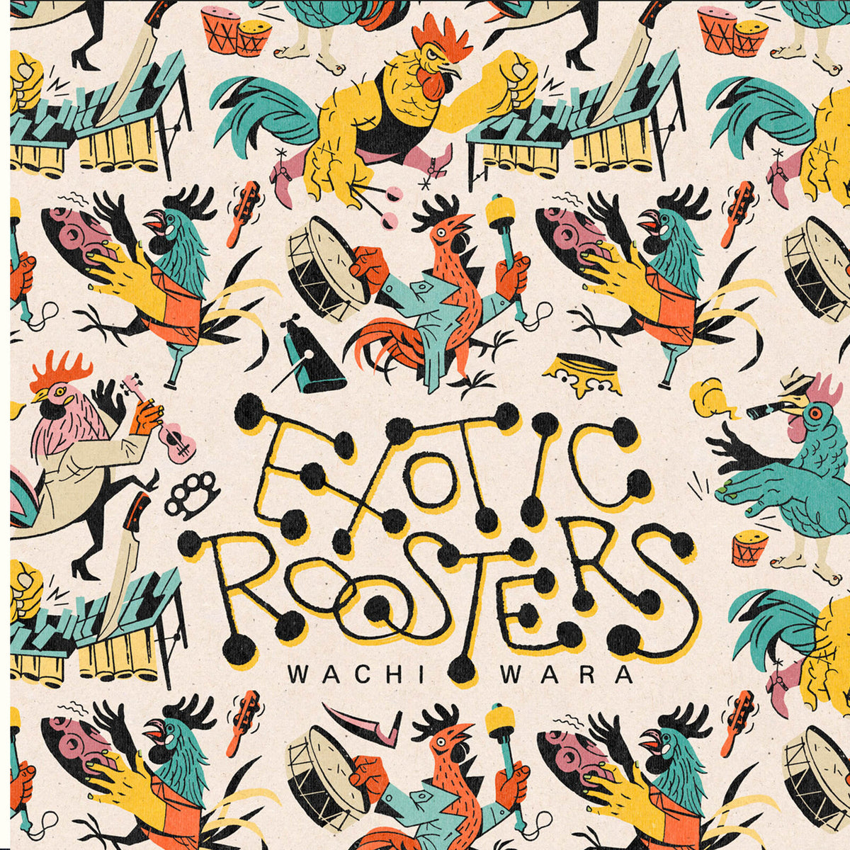 Colorful illustration of roosters playing drums and instruments, vinyl record cover.