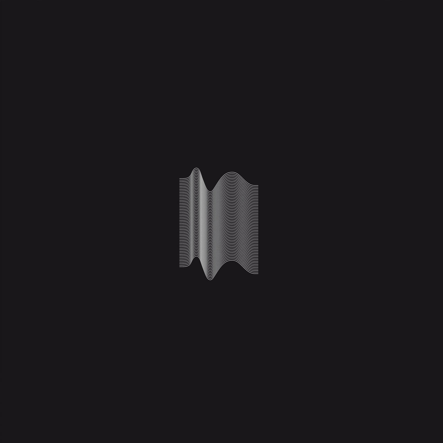 Abstract waveform design in white lines on a dark gray background.