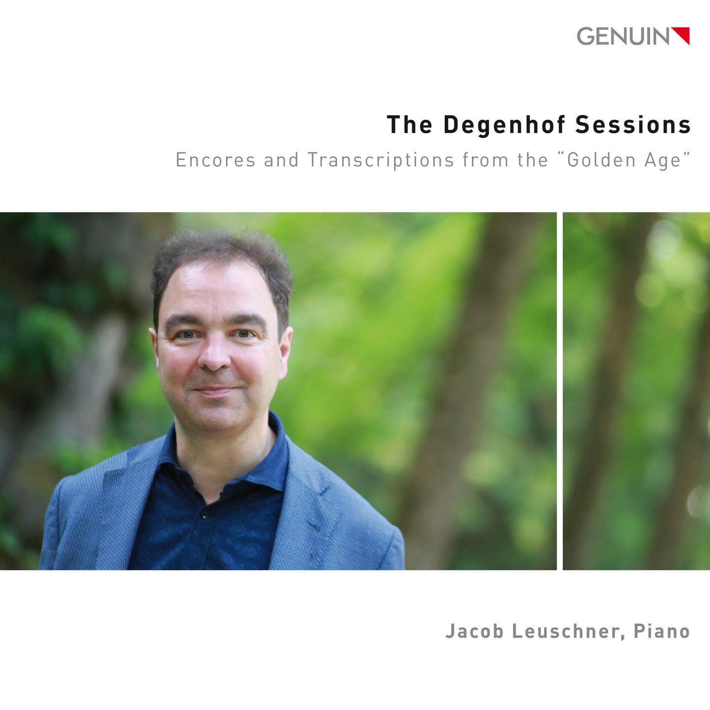 CD cover featuring pianist Jacob Leuschner with blurred forest background.