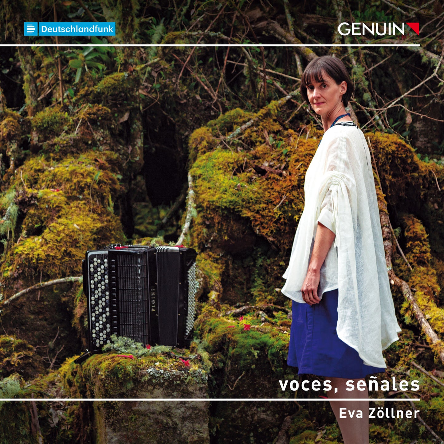 Woman with accordion in a lush, green forest; album cover art.