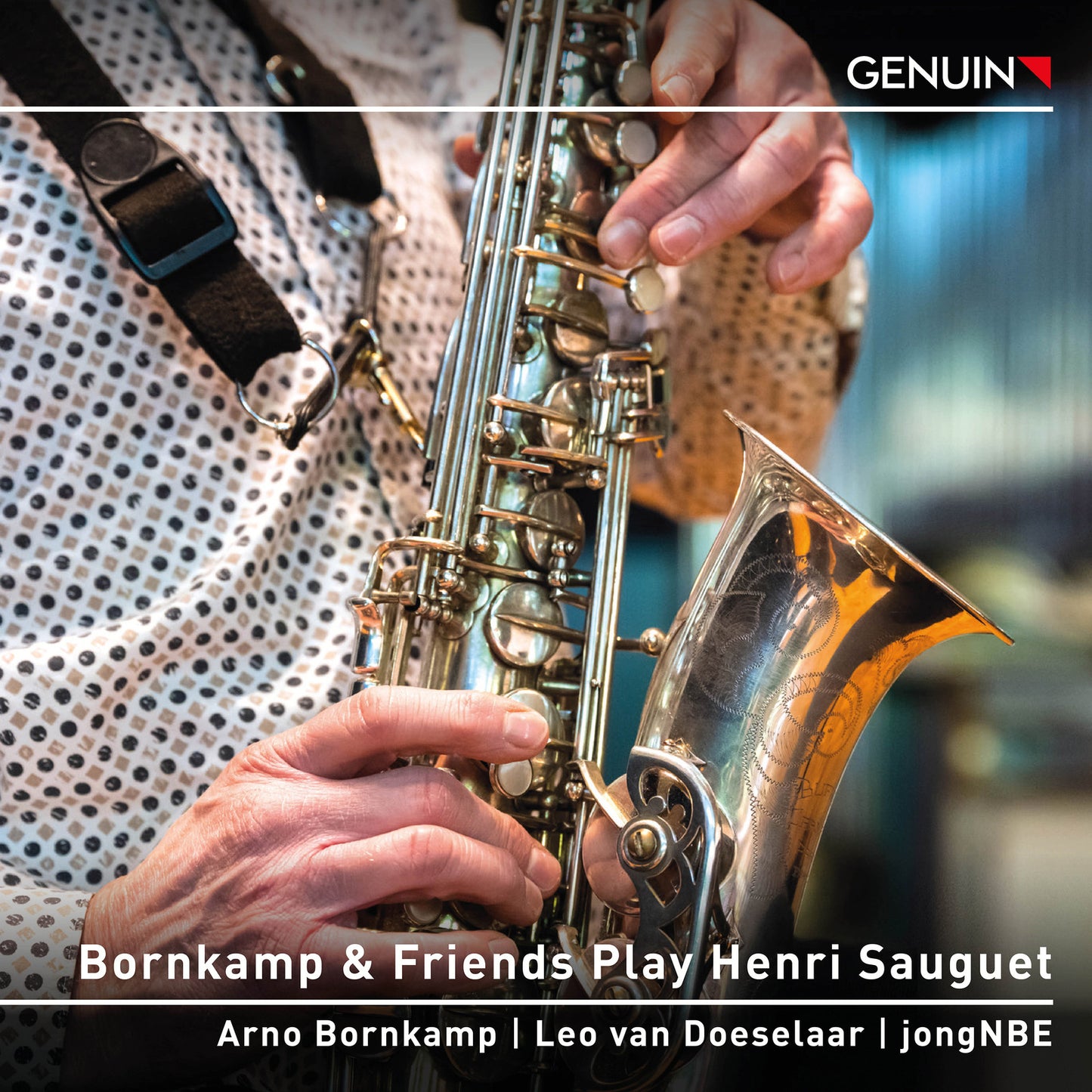 CD cover featuring a close-up of hands playing a golden saxophone.