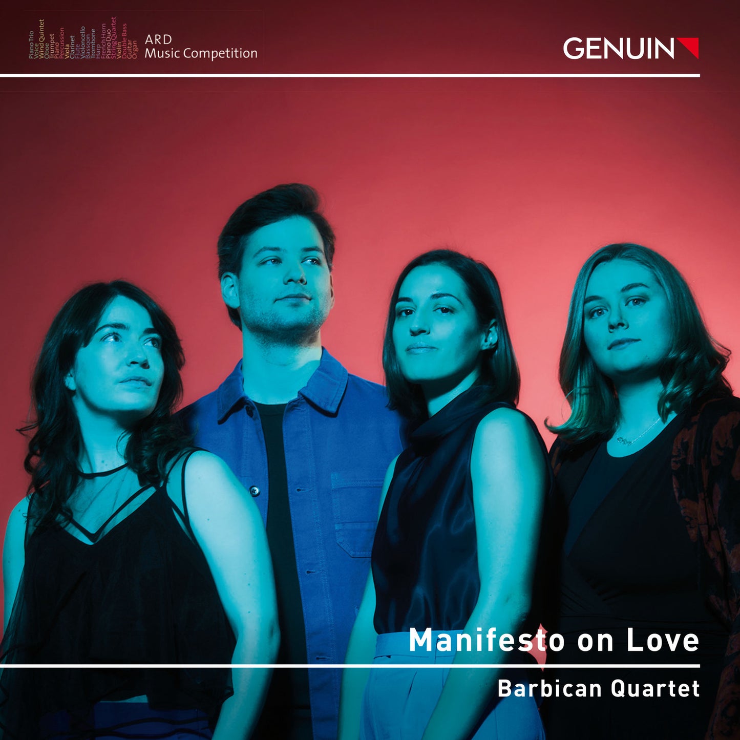 CD cover featuring the Barbican Quartet, four musicians in a red gradient.