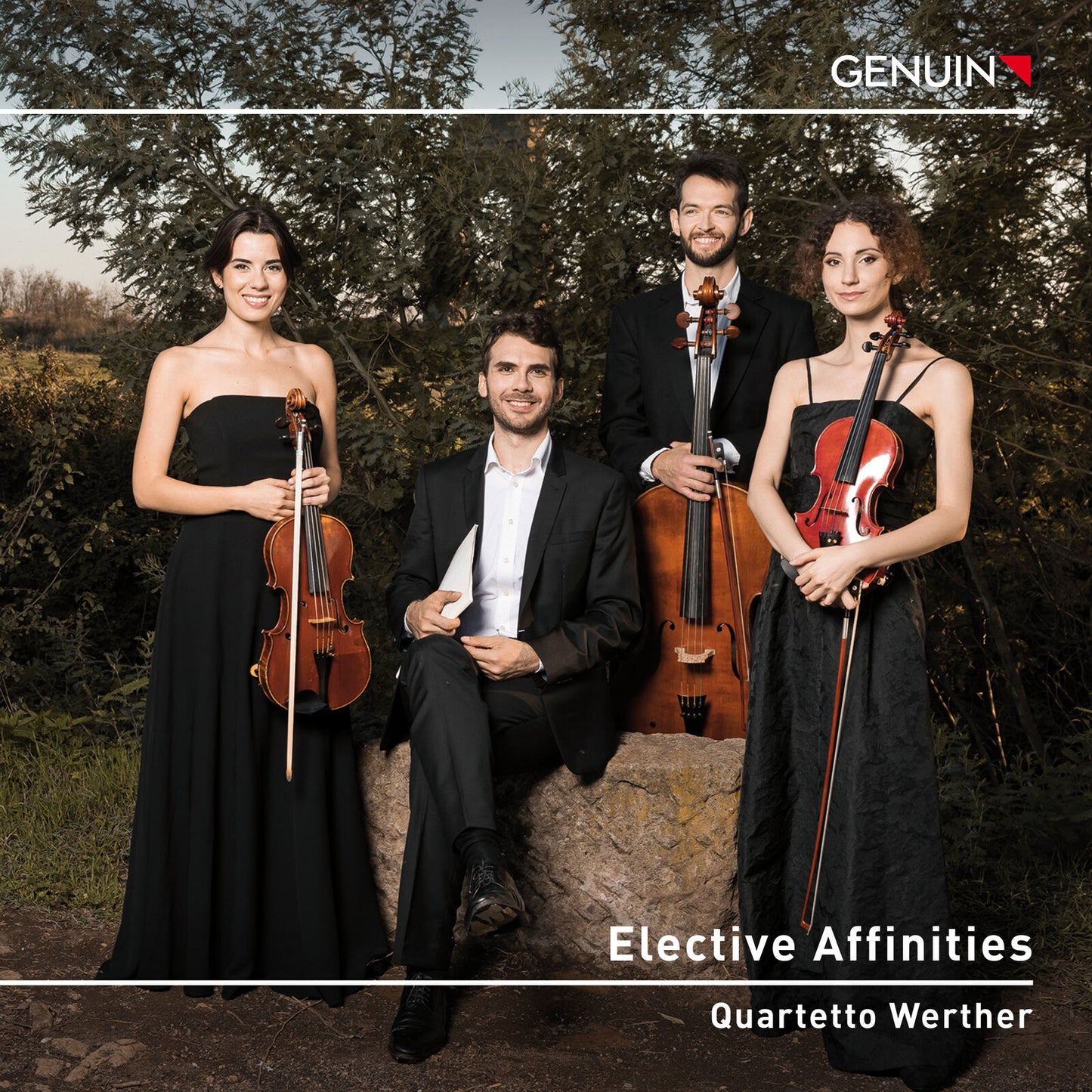String quartet posing outdoors, album cover for "Elective Affinities.