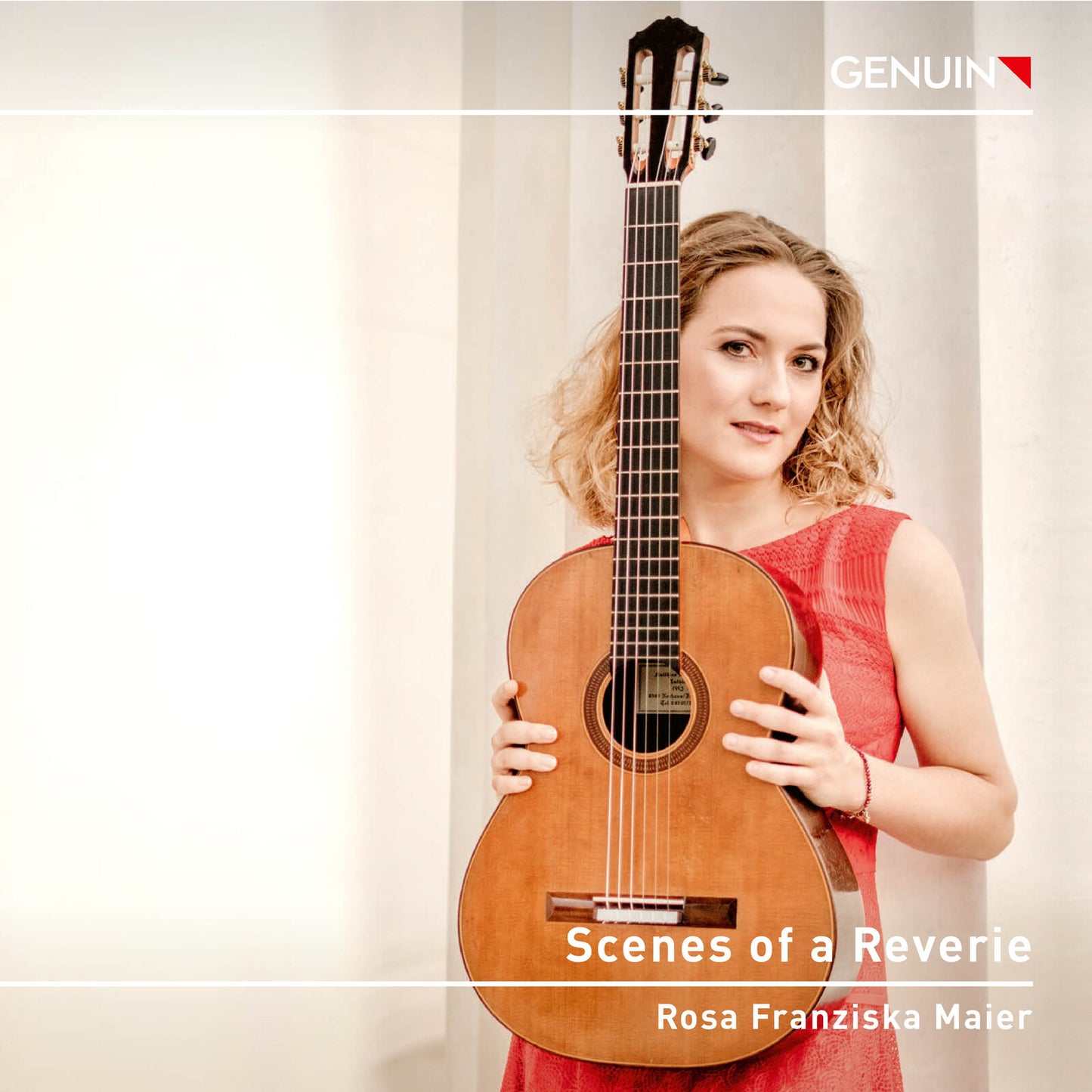Young woman holding a classical guitar, album cover for Rosa Franziska Maier.
