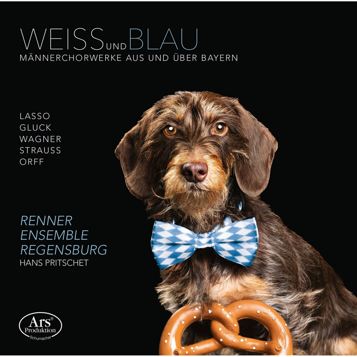 CD cover featuring a brown dog with a blue bow tie and pretzel.