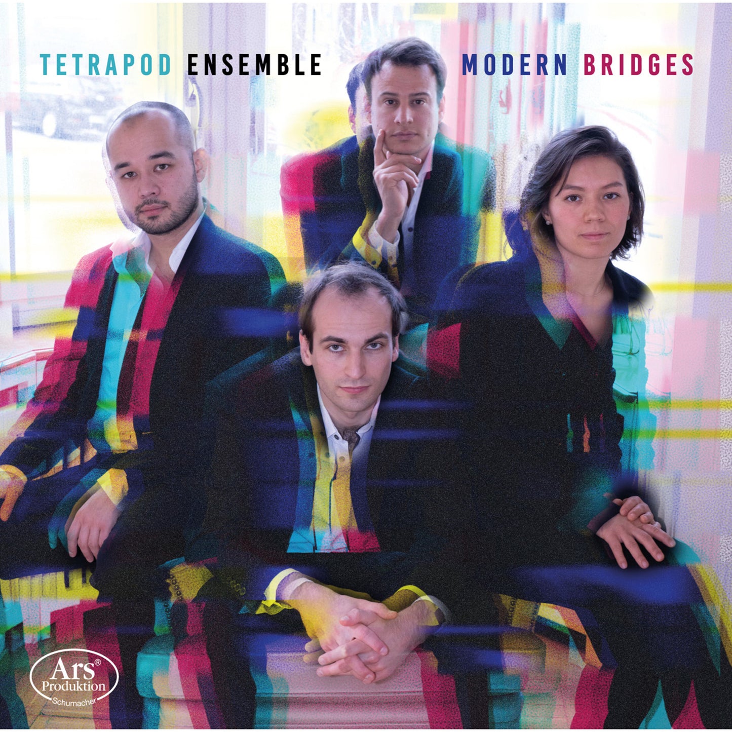 Four people in suits with blurred, colorful vertical lines behind them.