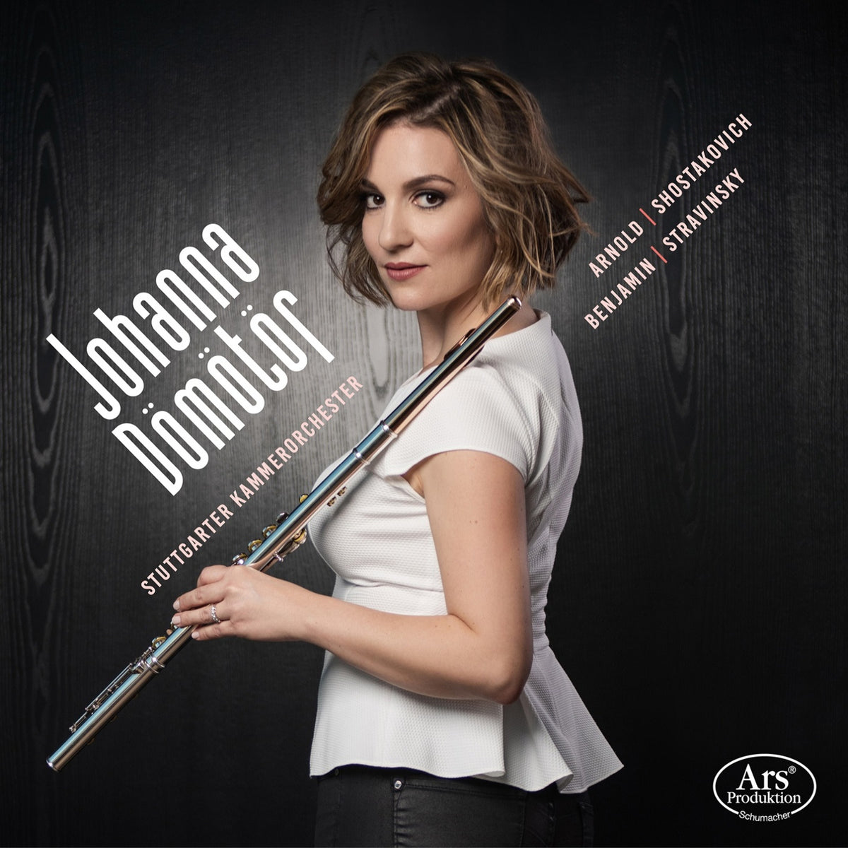 CD cover featuring flutist Johanna Domotor with flute and text details.