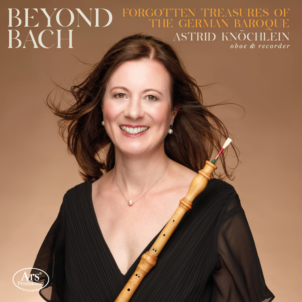 CD cover featuring Astrid Knöchlein with recorder, text “Beyond Bach”.