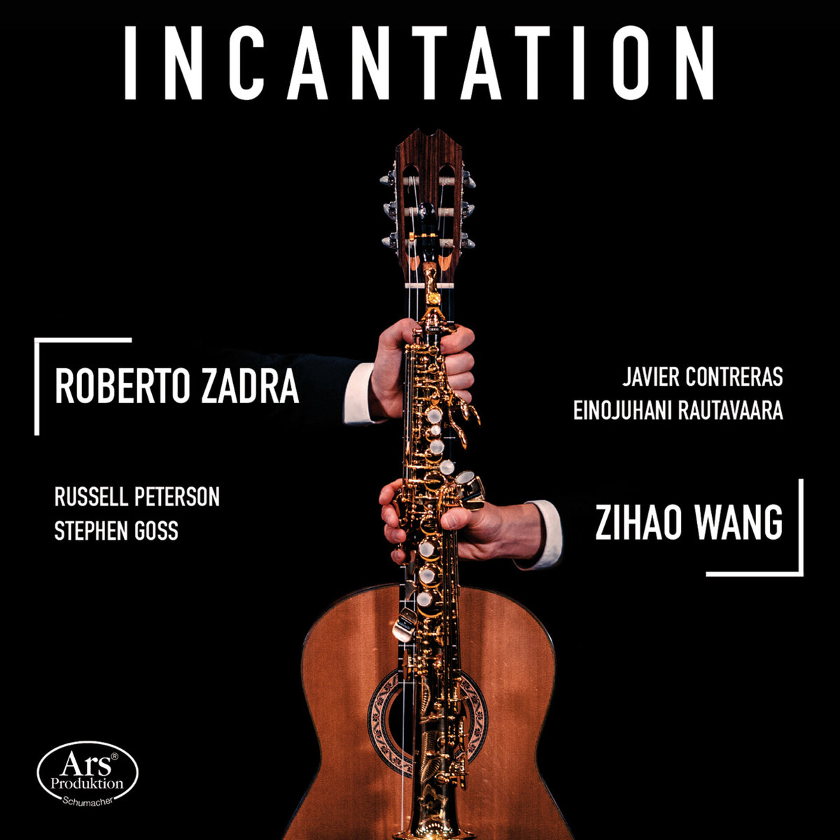 CD cover: guitar held by hands against a black background.