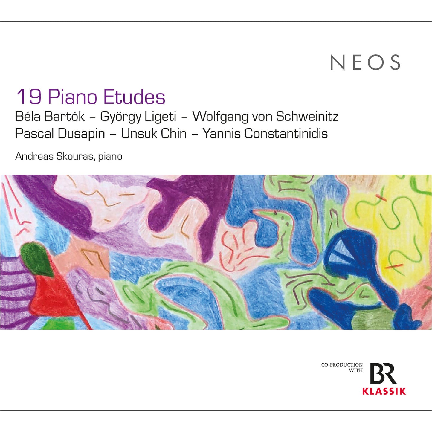 CD cover for "19 Piano Etudes" by Bartok, Skouras, with abstract art.