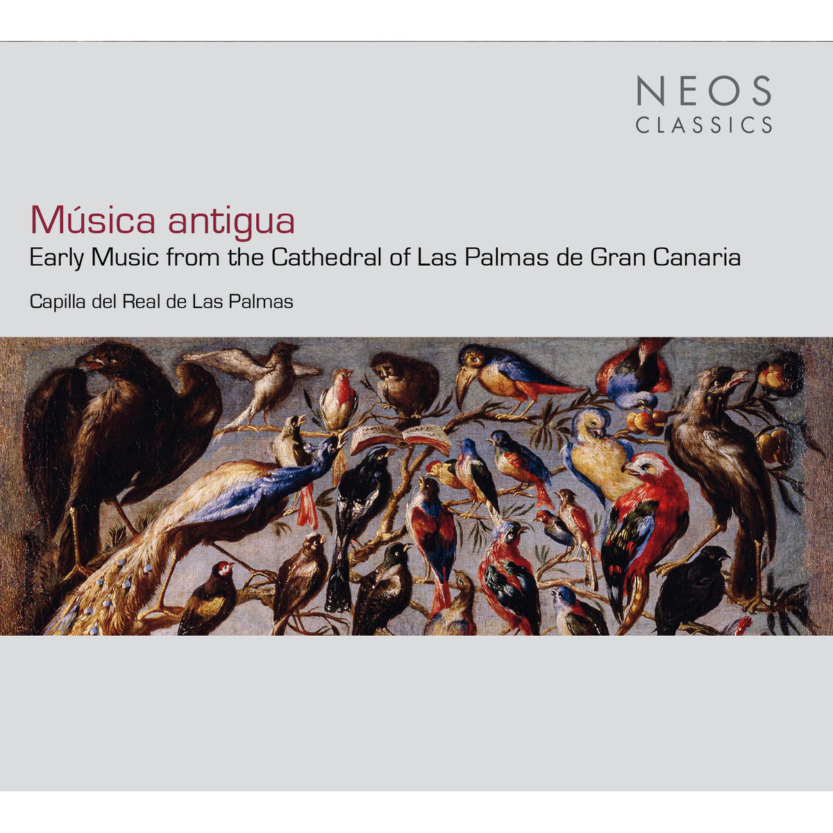 CD cover with a painting of many colorful birds perched on branches.