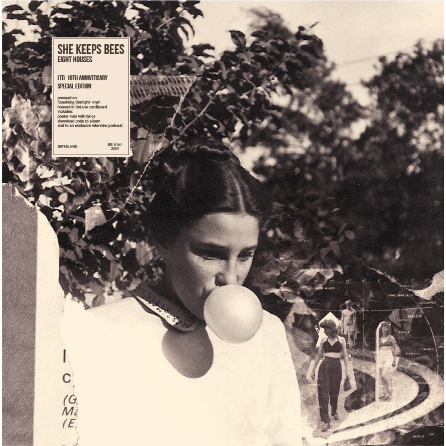 Black and white album cover featuring a woman with a bubble and foliage.