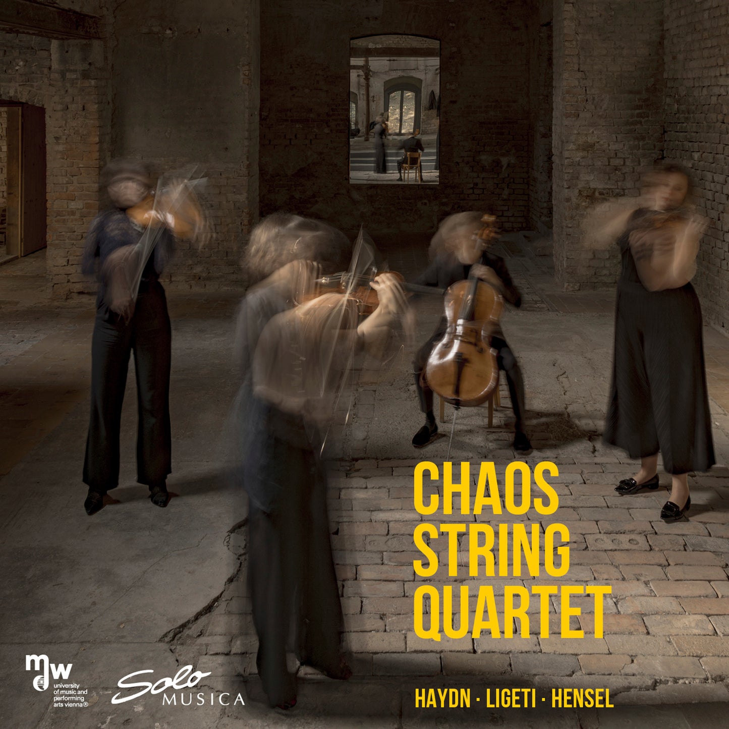 CD cover: blurred figures with string instruments in a brick archway.