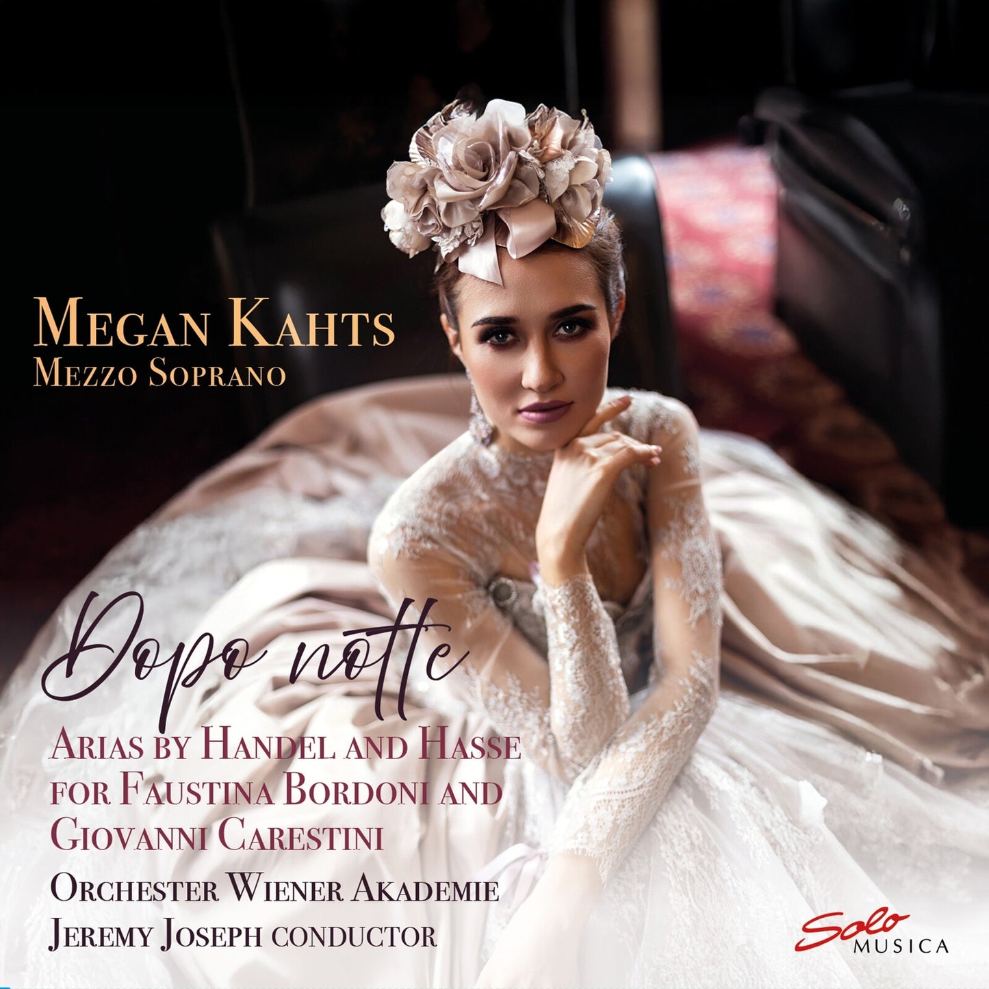 CD cover: Megan Kahts in a white dress with floral headpiece.