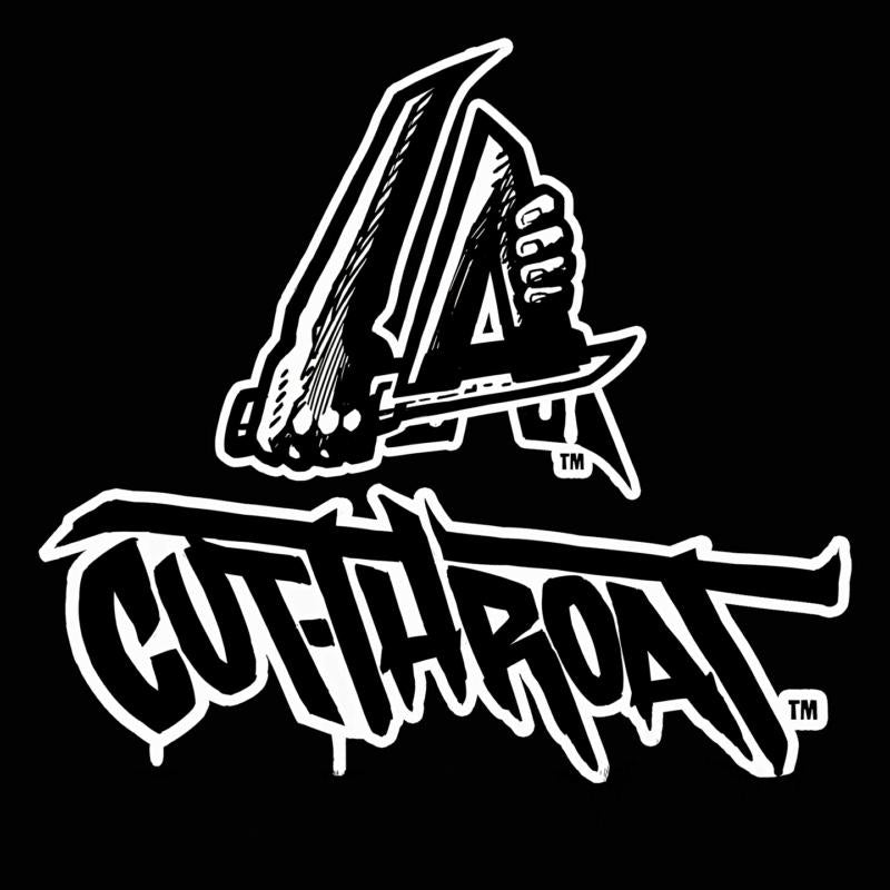 Black and white graphic of a hand holding a knife over text.
