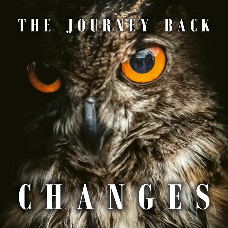 Close-up of an owl’s face with intense orange eyes and text overlay.