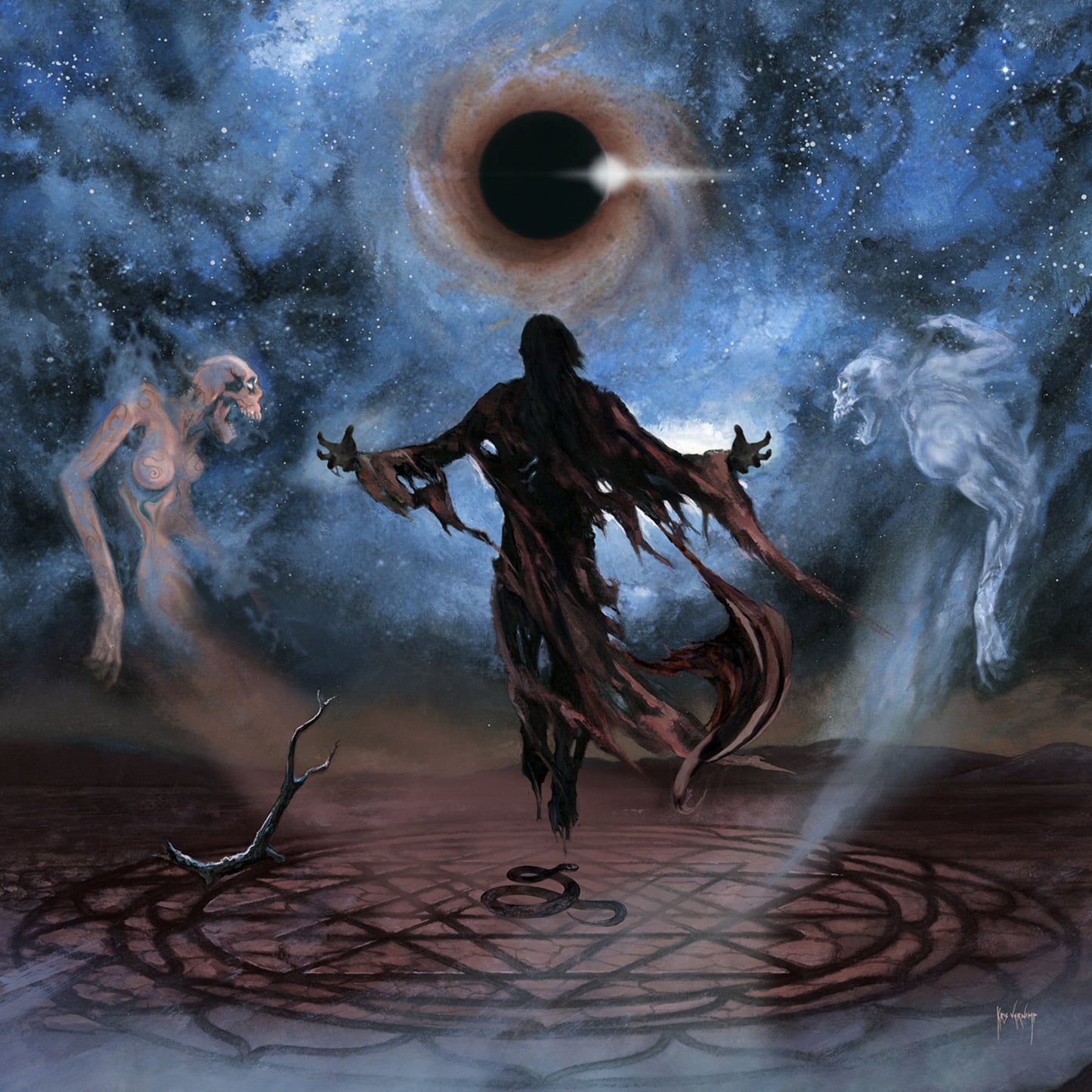 Figure with outstretched arms between spectral forms under a solar eclipse.