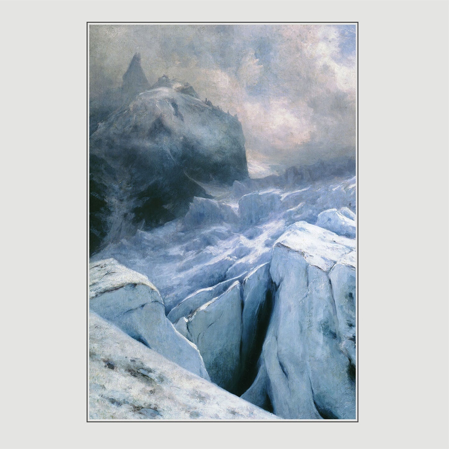 Painting of a snow-covered, mountainous polar landscape with icy crevices.