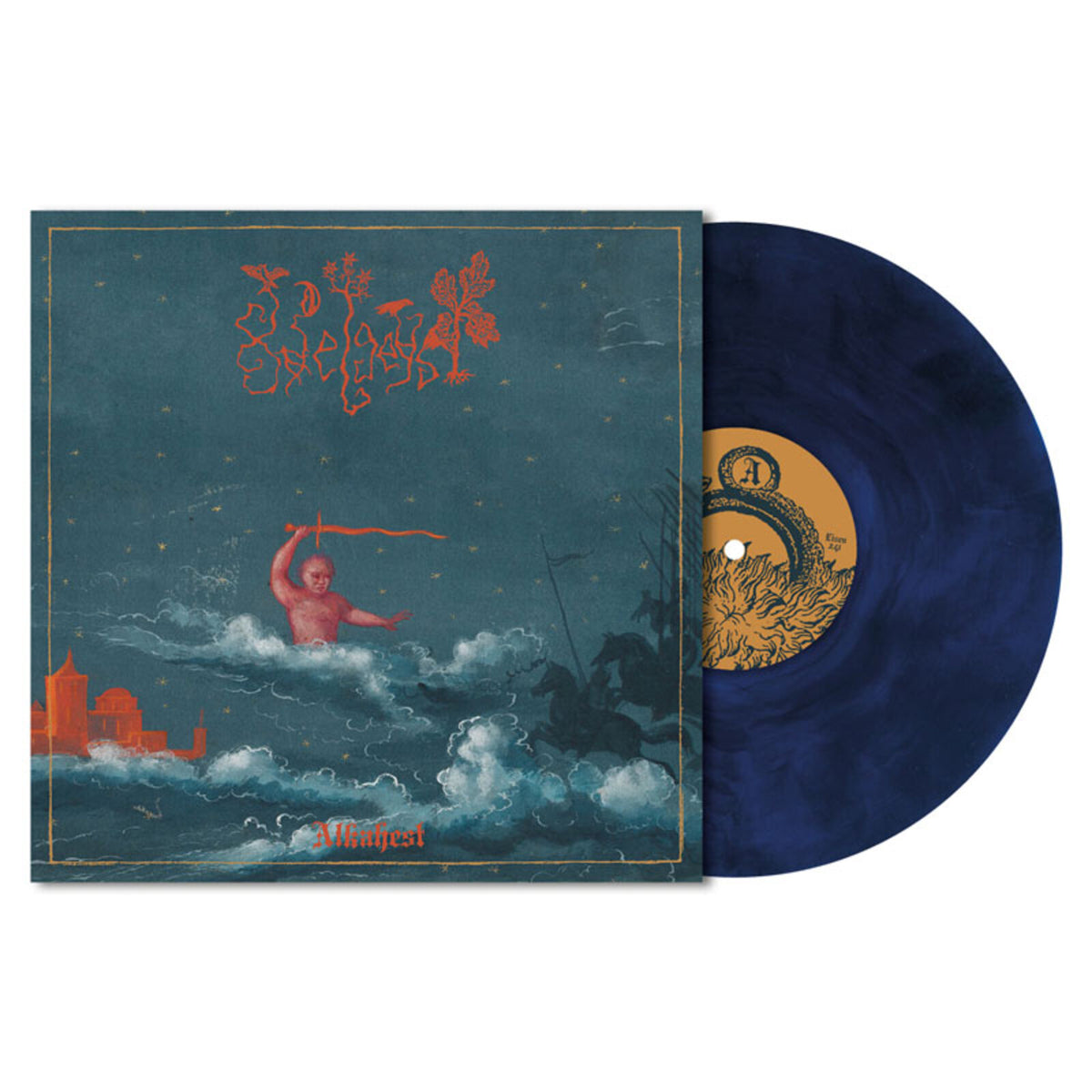 Vinyl record and cover art featuring a red illustration on teal background.