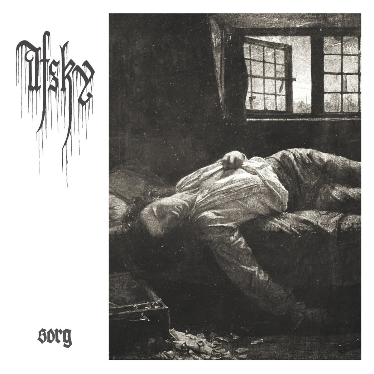 Black and white illustration of a person lying near a window.