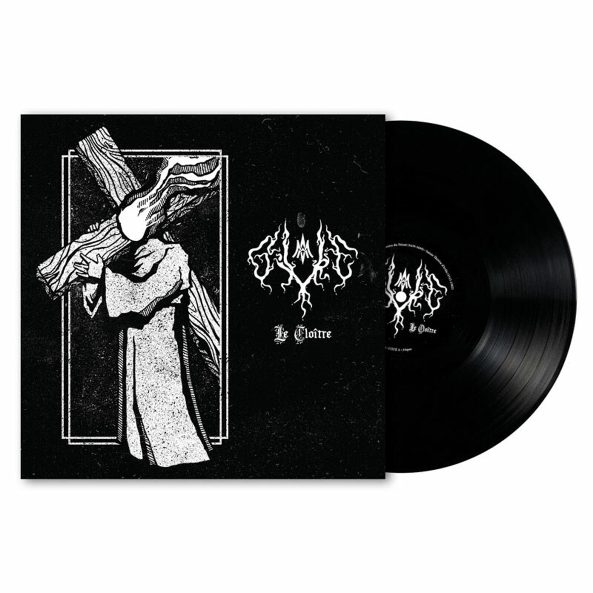 Black vinyl record and cover art depicting a figure carrying wood.