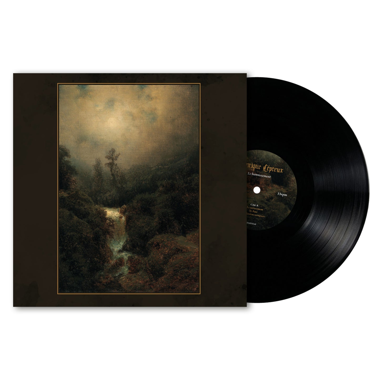 Vinyl record and album cover depicting a dark, forested landscape with a cross.