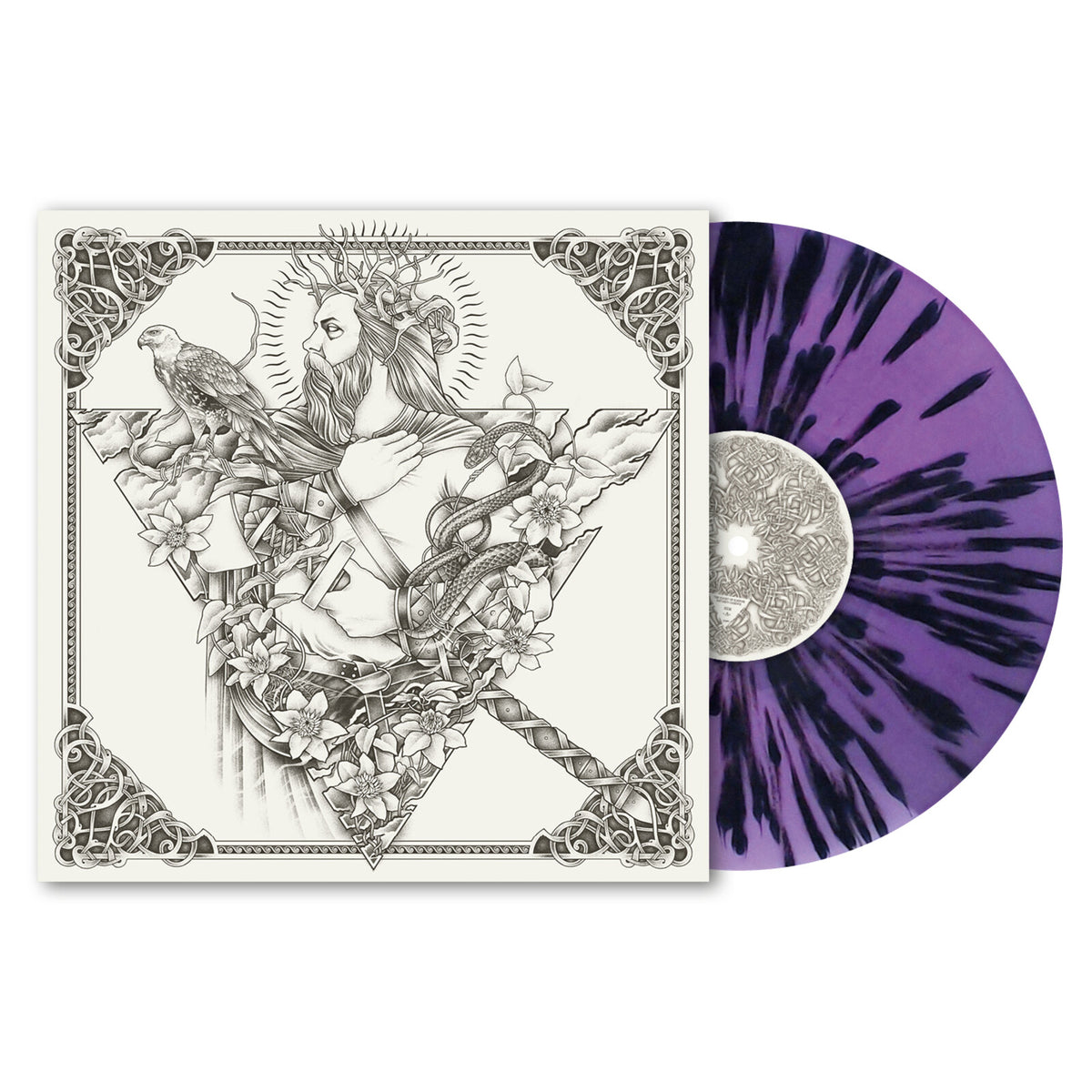 Vinyl record with ornate cover art featuring a bearded figure and bird.