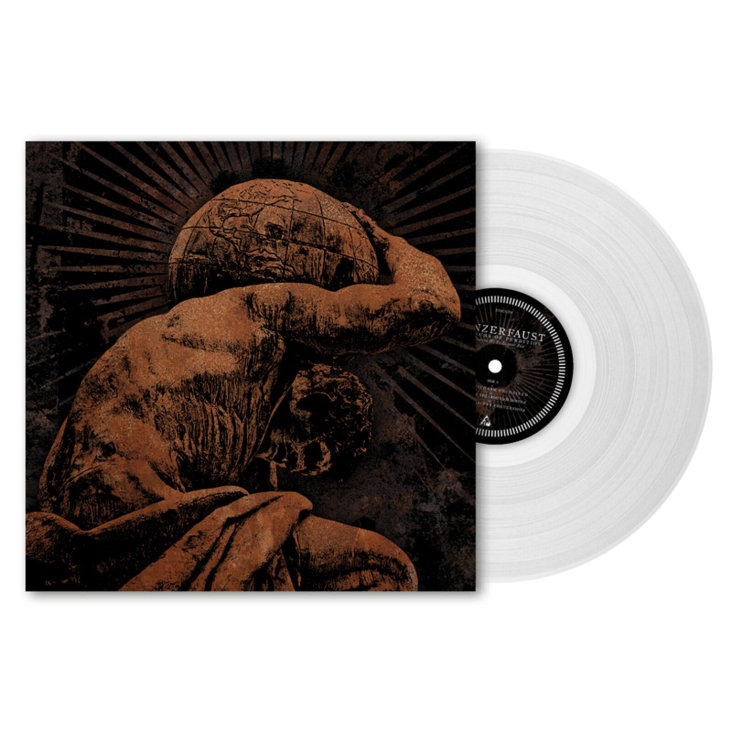 Panzerfaust vinyl record with cover art depicting a muscular figure and globe.