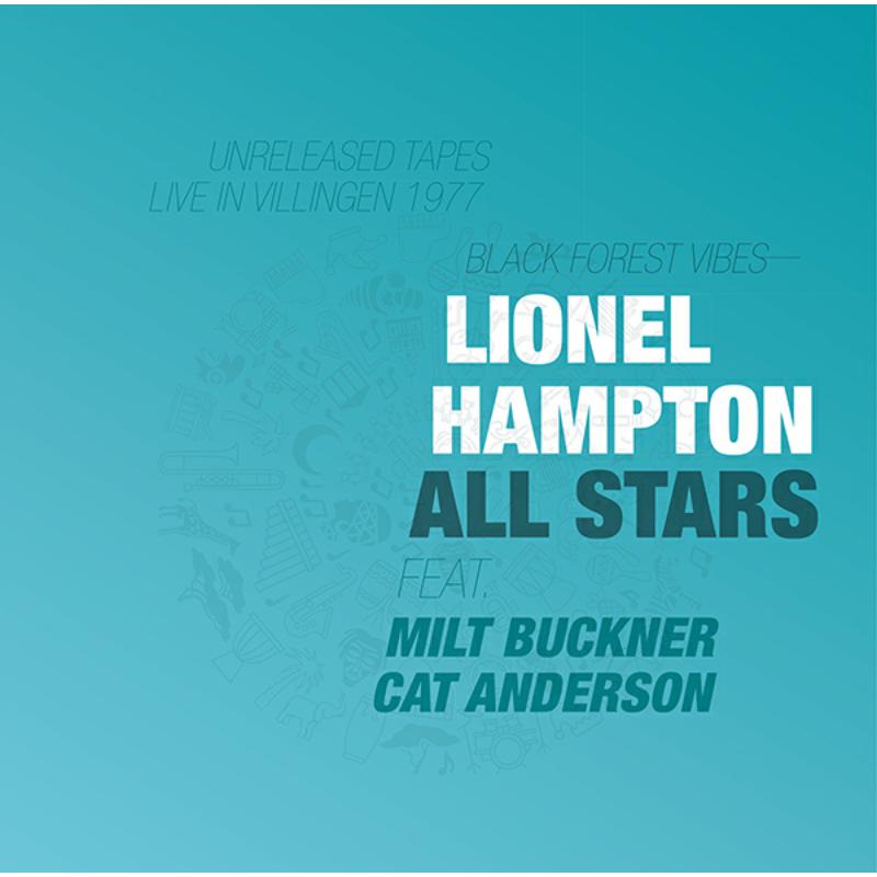 Lionel Hampton All Stars album cover, teal background, musical instruments.