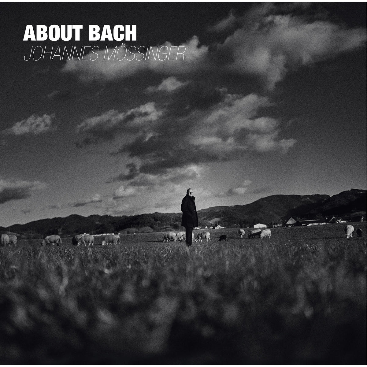 Black and white album cover featuring a man in a field with sheep.