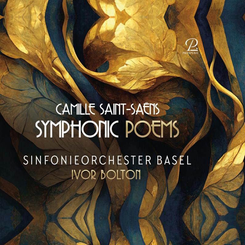 CD cover for Camille Saint-Saëns’ Symphonic Poems with abstract gold design.