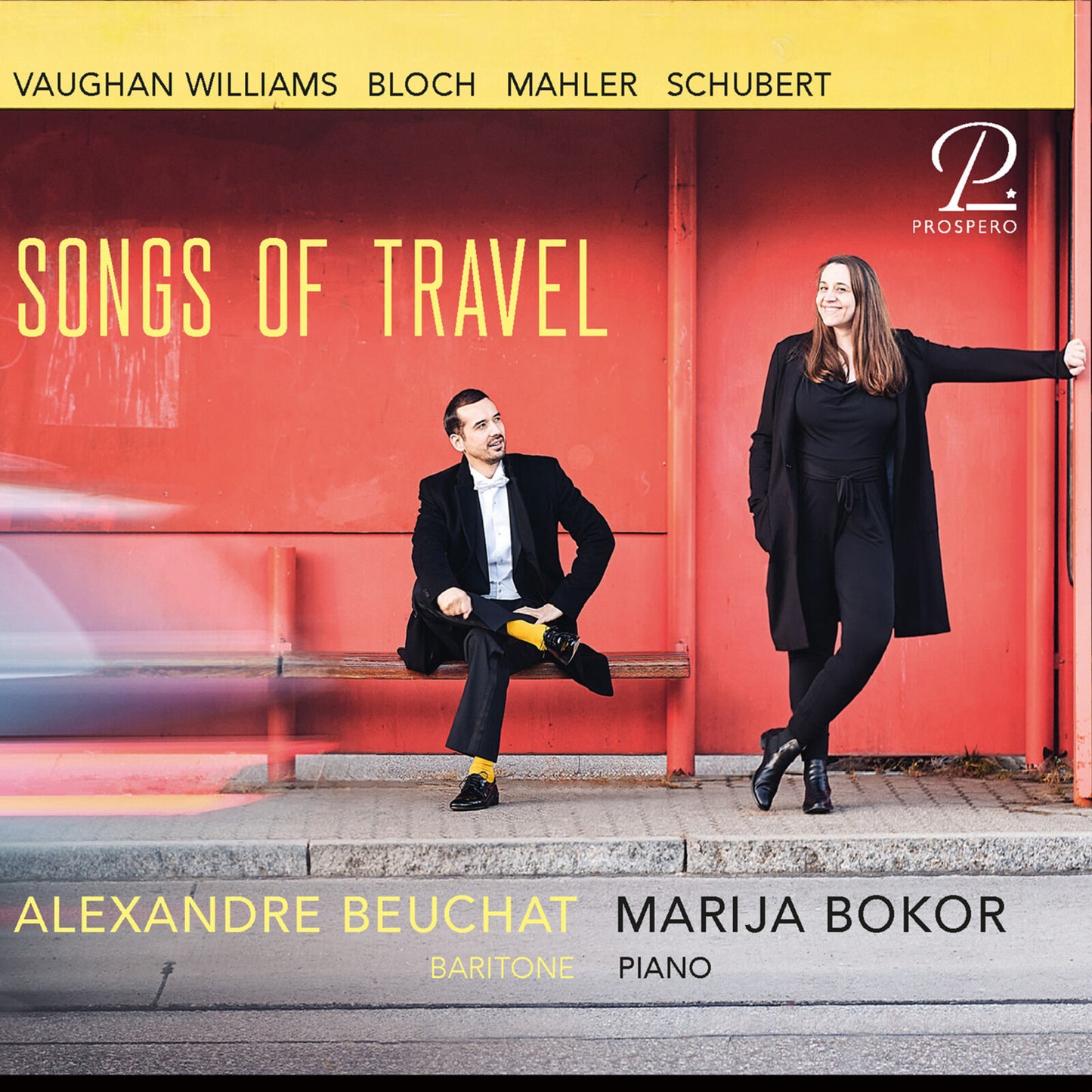 CD cover: Alexandre Beuchat and Marija Bokor posing by a red bench.