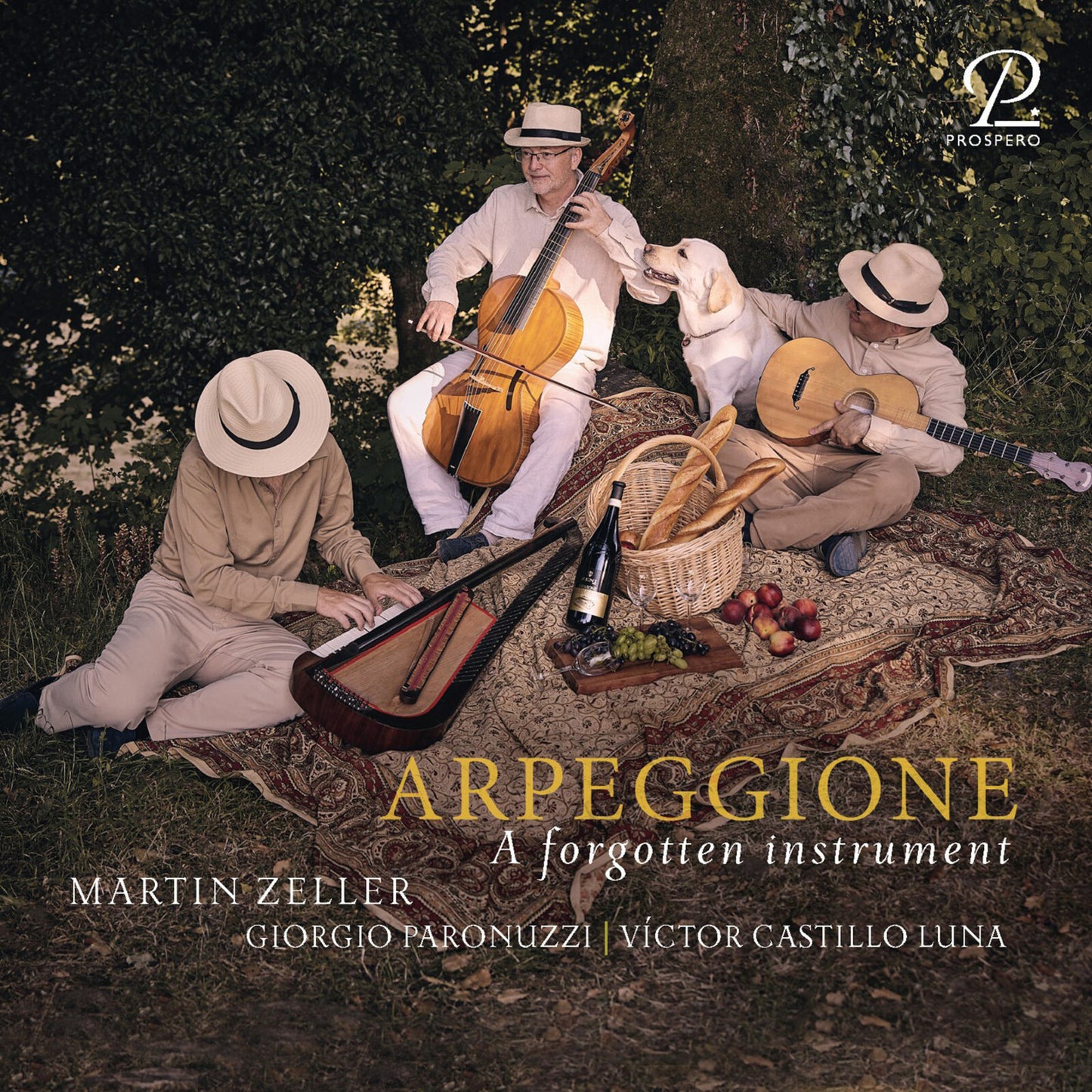 Musicians with vintage instruments and a picnic basket on grass.