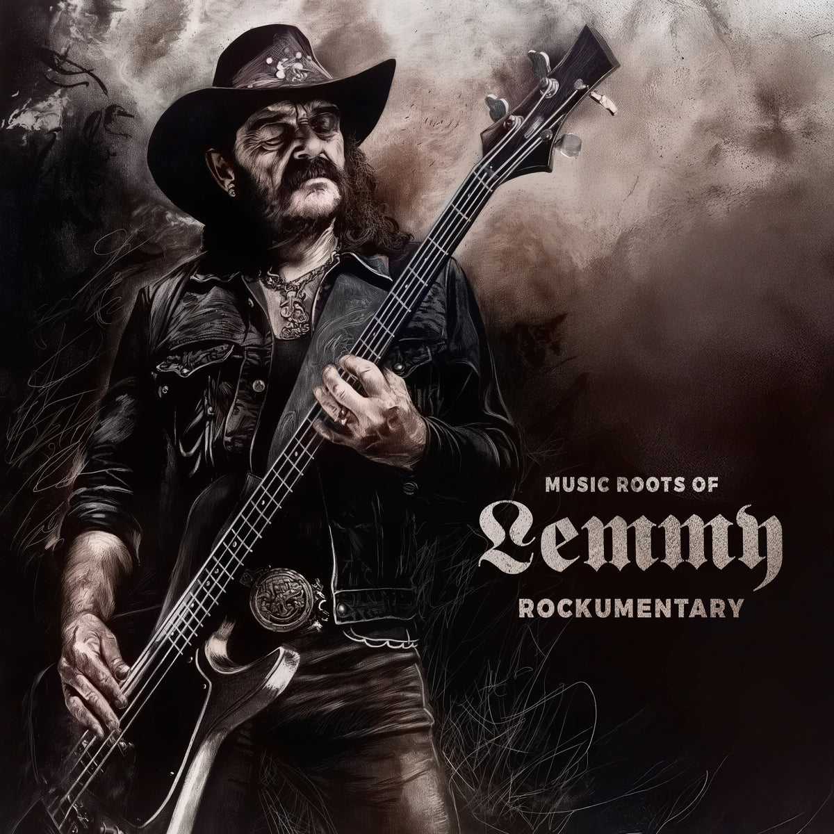 Lemmy Kilmister playing a bass guitar, album cover art in grayscale.