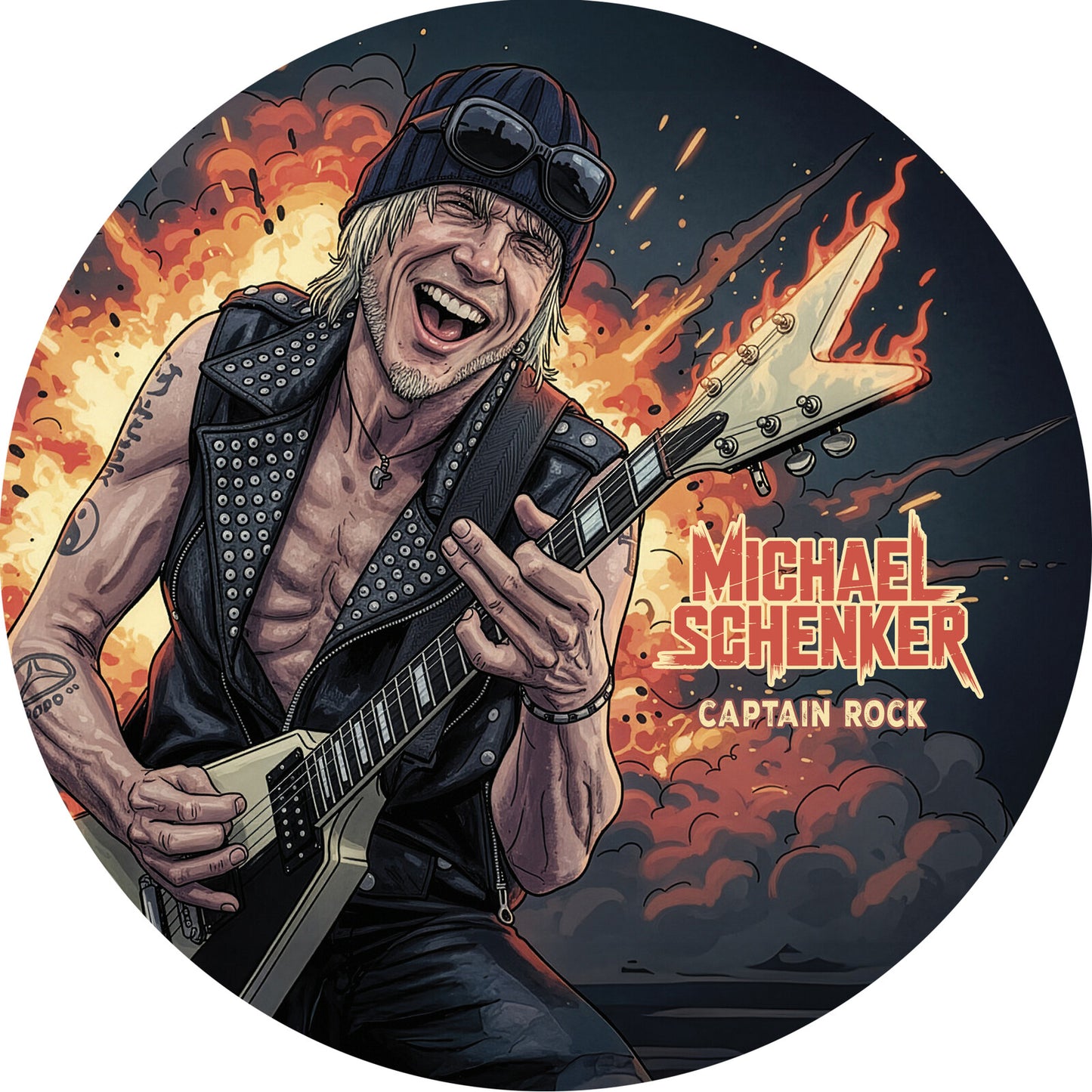 Michael Schenker portrait on a colorful vinyl record, playing guitar.