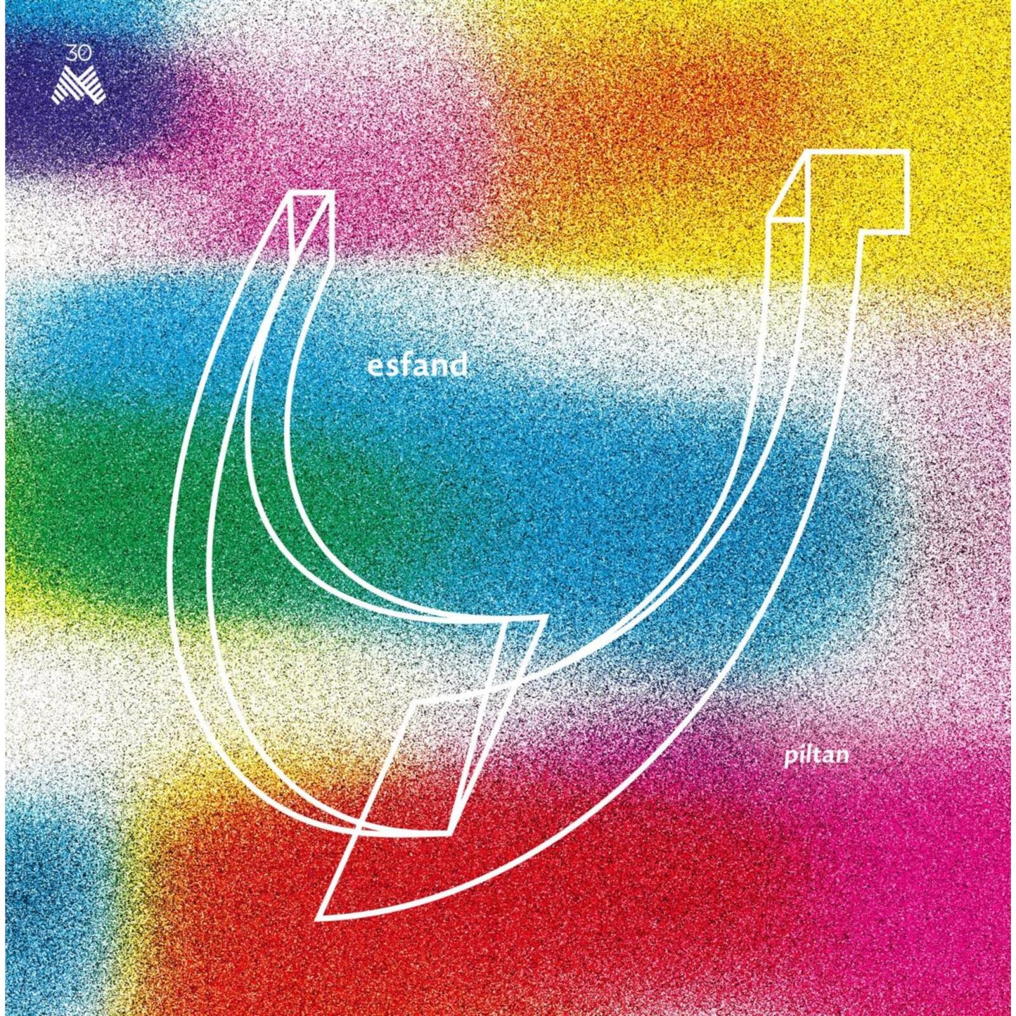 Vinyl record cover with abstract white lines on a rainbow gradient background.