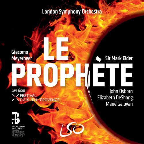 CD cover for Meyerbeer’s “Le Prophète” with fiery red and orange imagery.